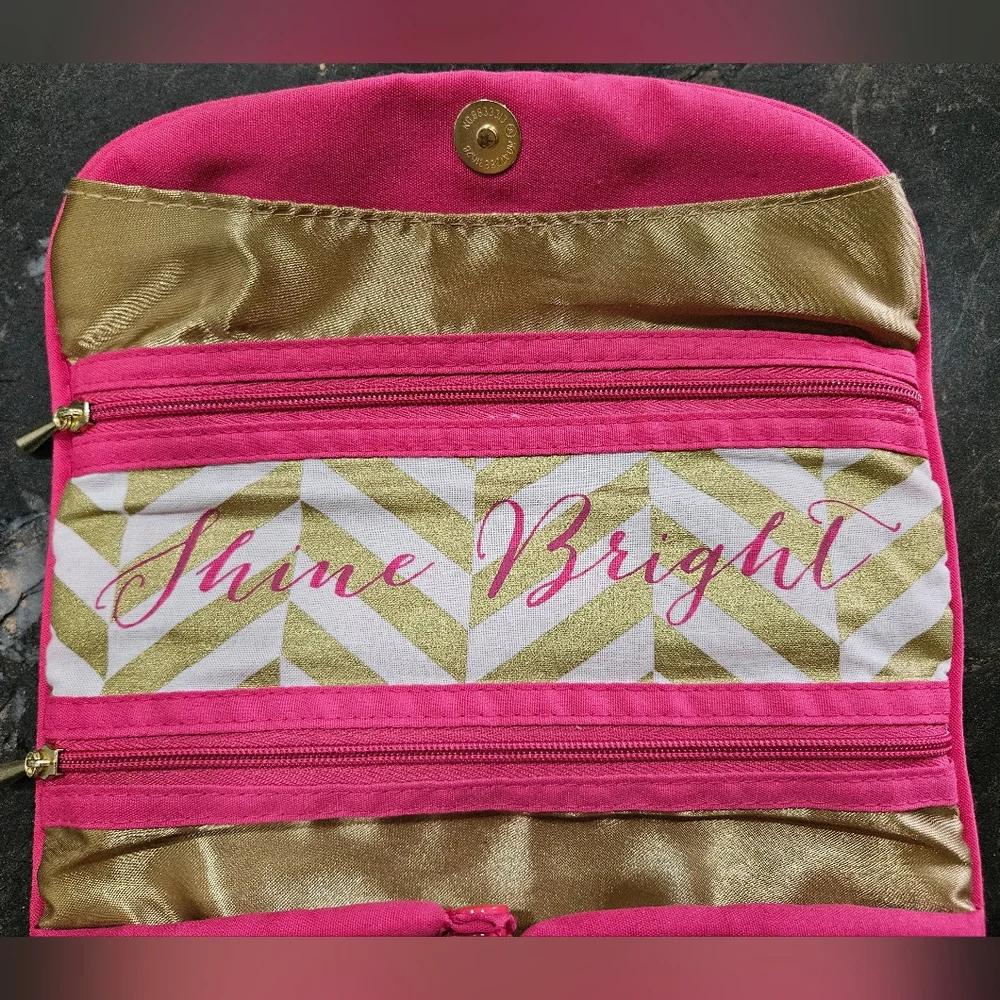 JEWELRY ROLL travel case organizer holder VGUC gold pink Shine Bright